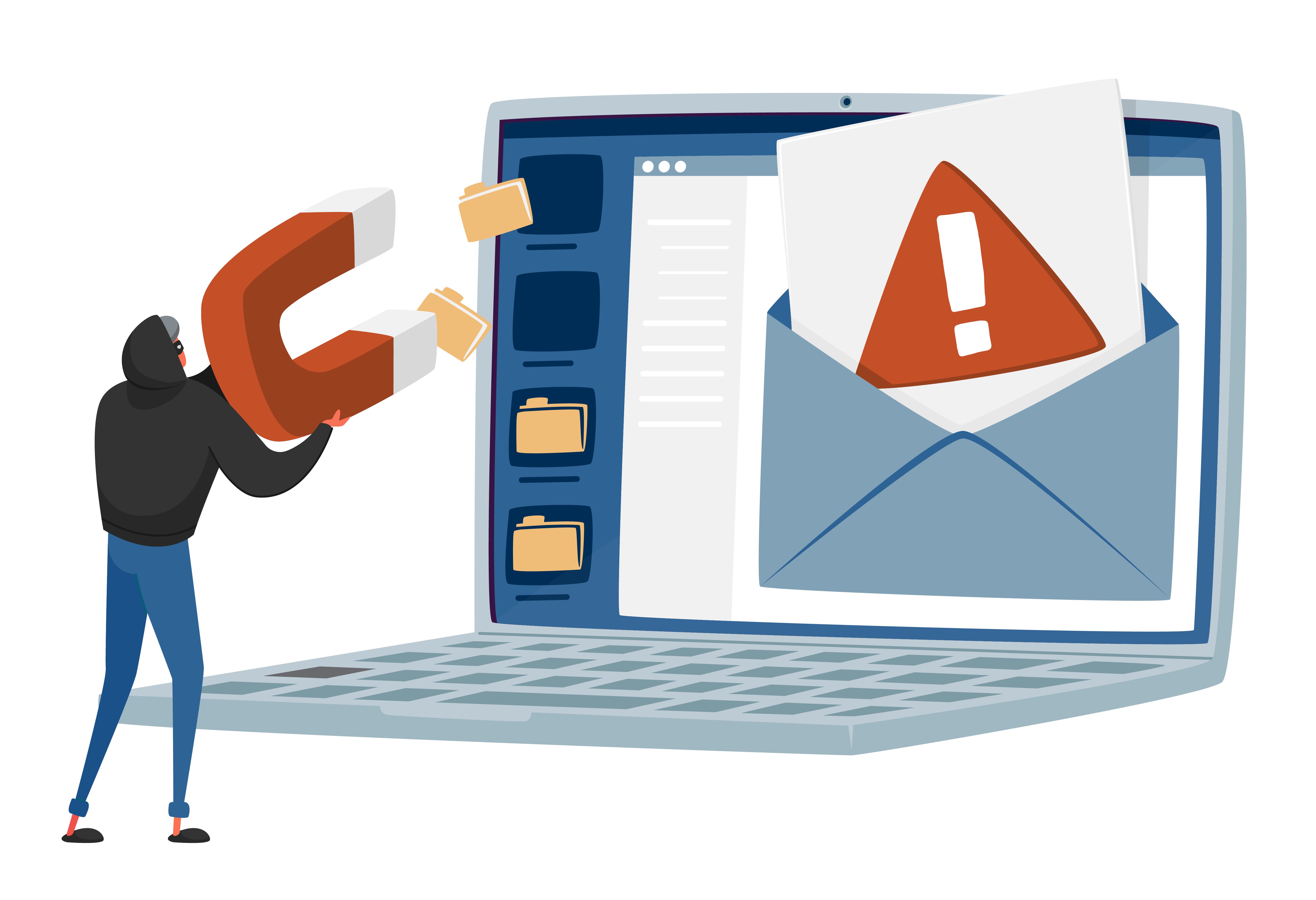 AdobeStock_397913976-cyberthiefmagnetv02 Illustration of a cybercriminal with a magnet trying to attract confidential files from a laptop